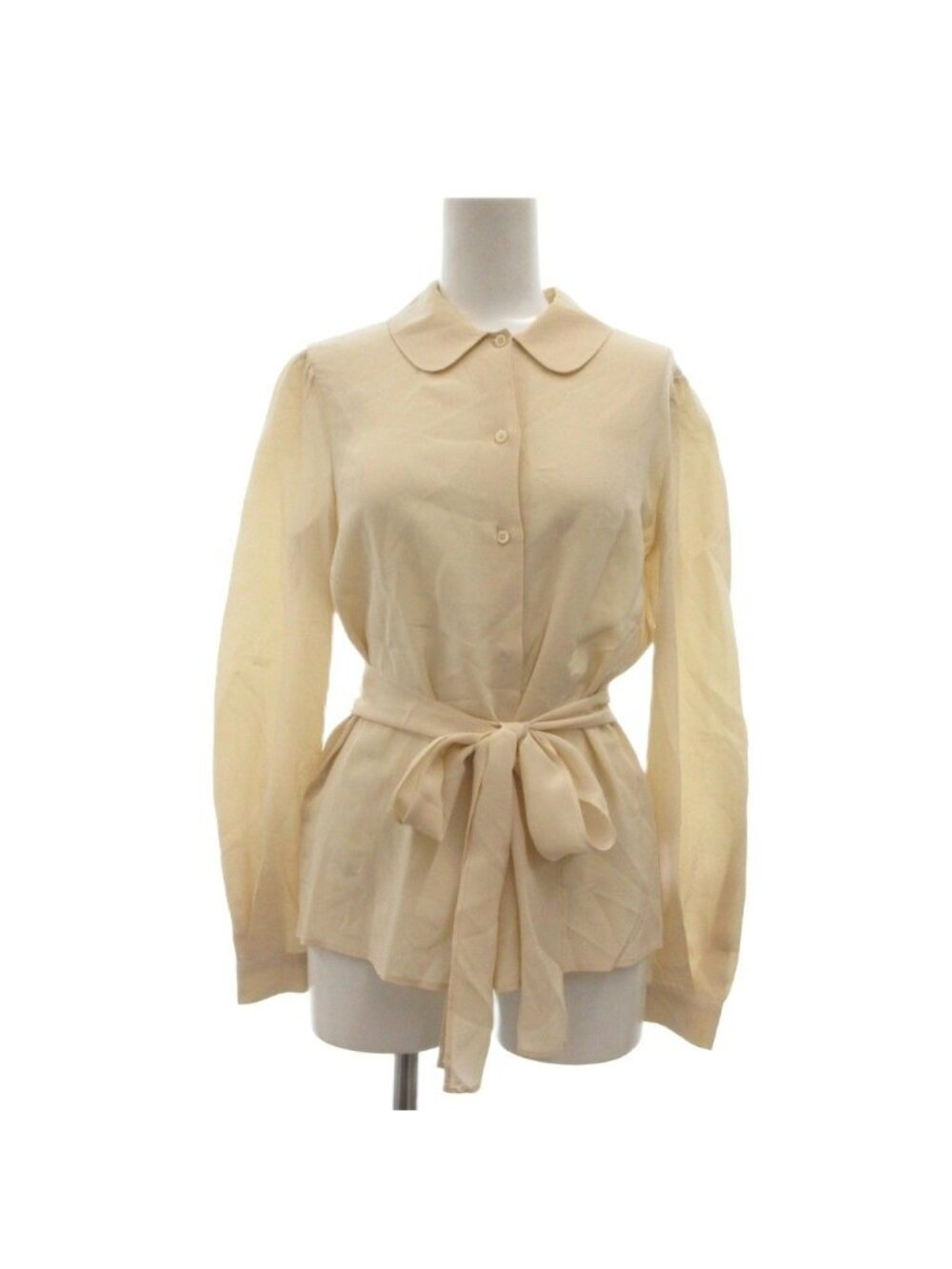 Miu Miu Silk Shirt Blouse Long Sleeve Round Color Ribbon Belt Ground Beige 36